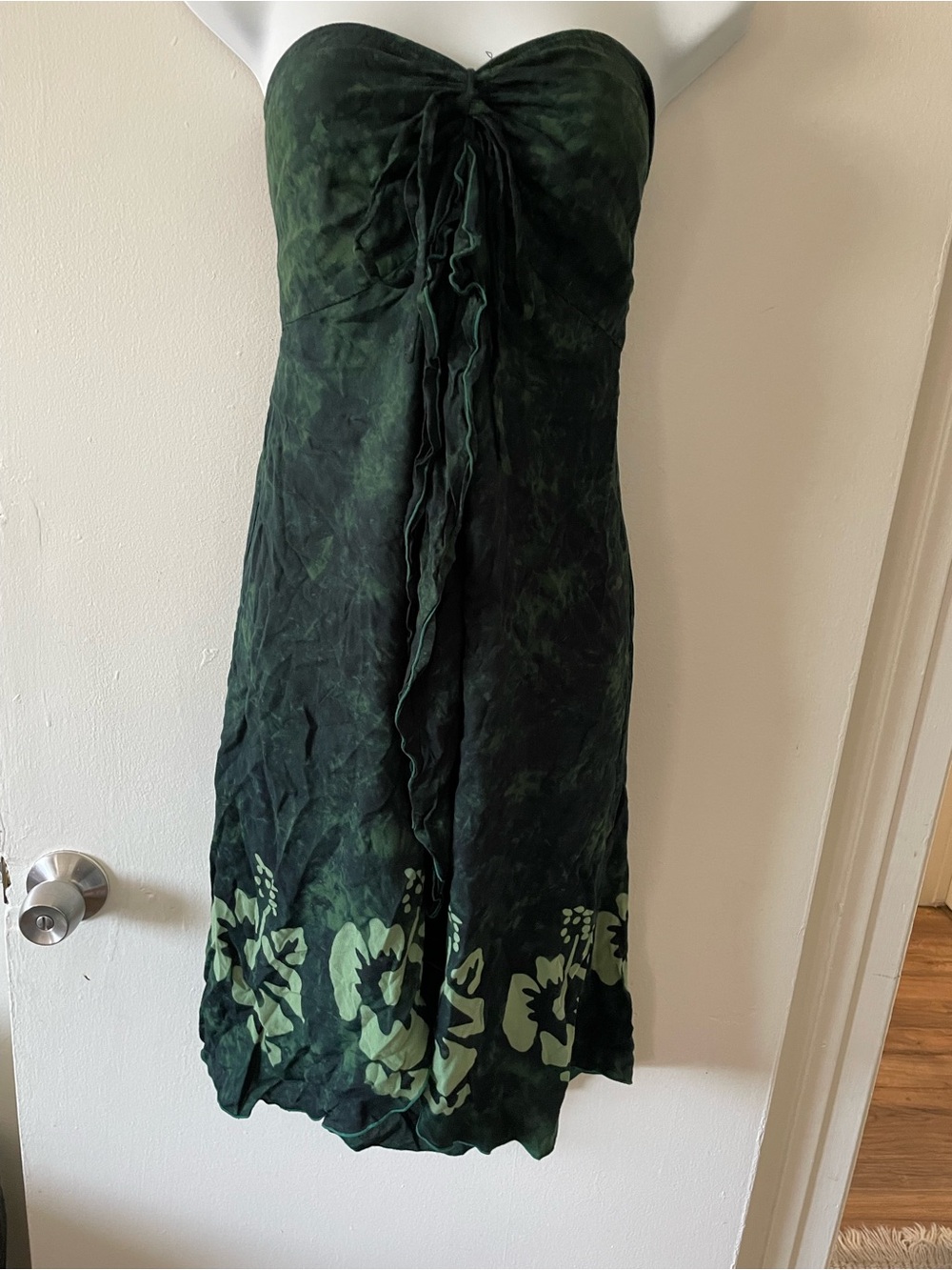 Women’s Strapless Dark Green Floral Tie-Front Dress